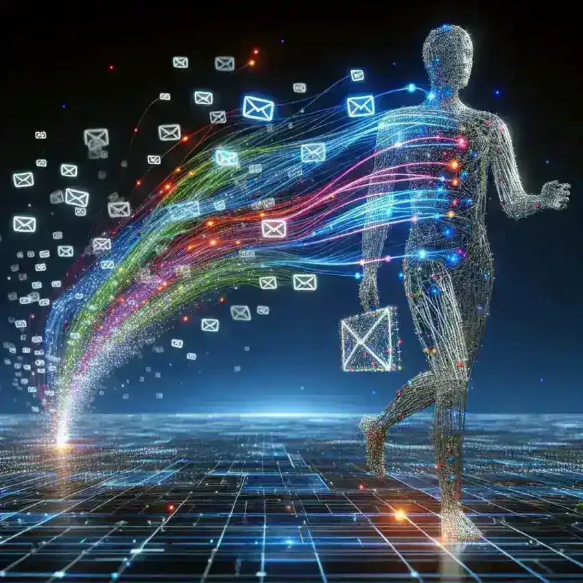 "Ilustración mostrando la IA en la automatización del correo electrónico, destacando su impacto en la comunicación digital moderna y su capacidad para optimizar estrategias de marketing."