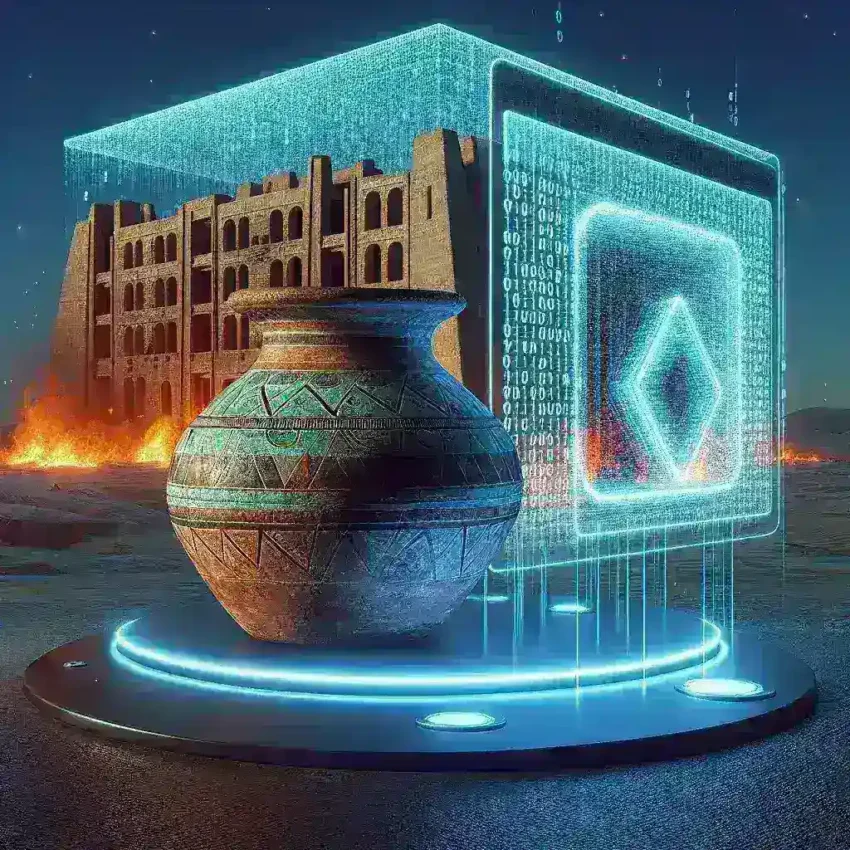 "Imagen de un sistema de preservación digital que muestra la conservación de patrimonio cultural en riesgo, incluyendo artefactos históricos y archivos digitales en una biblioteca moderna."