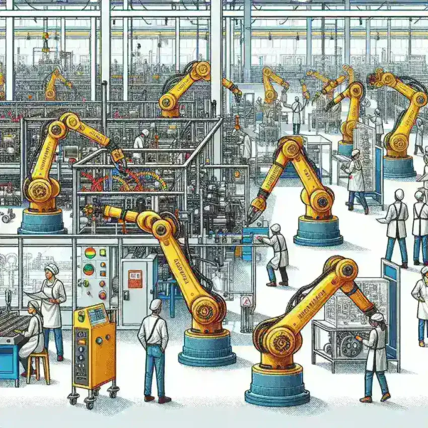 "Robots industriales colaborativos en fábricas españolas:Imagen mostrando un robot colaborativo trabajando junto a operarios en una fábrica, ilustrando la innovación y la automatización en la industria española."